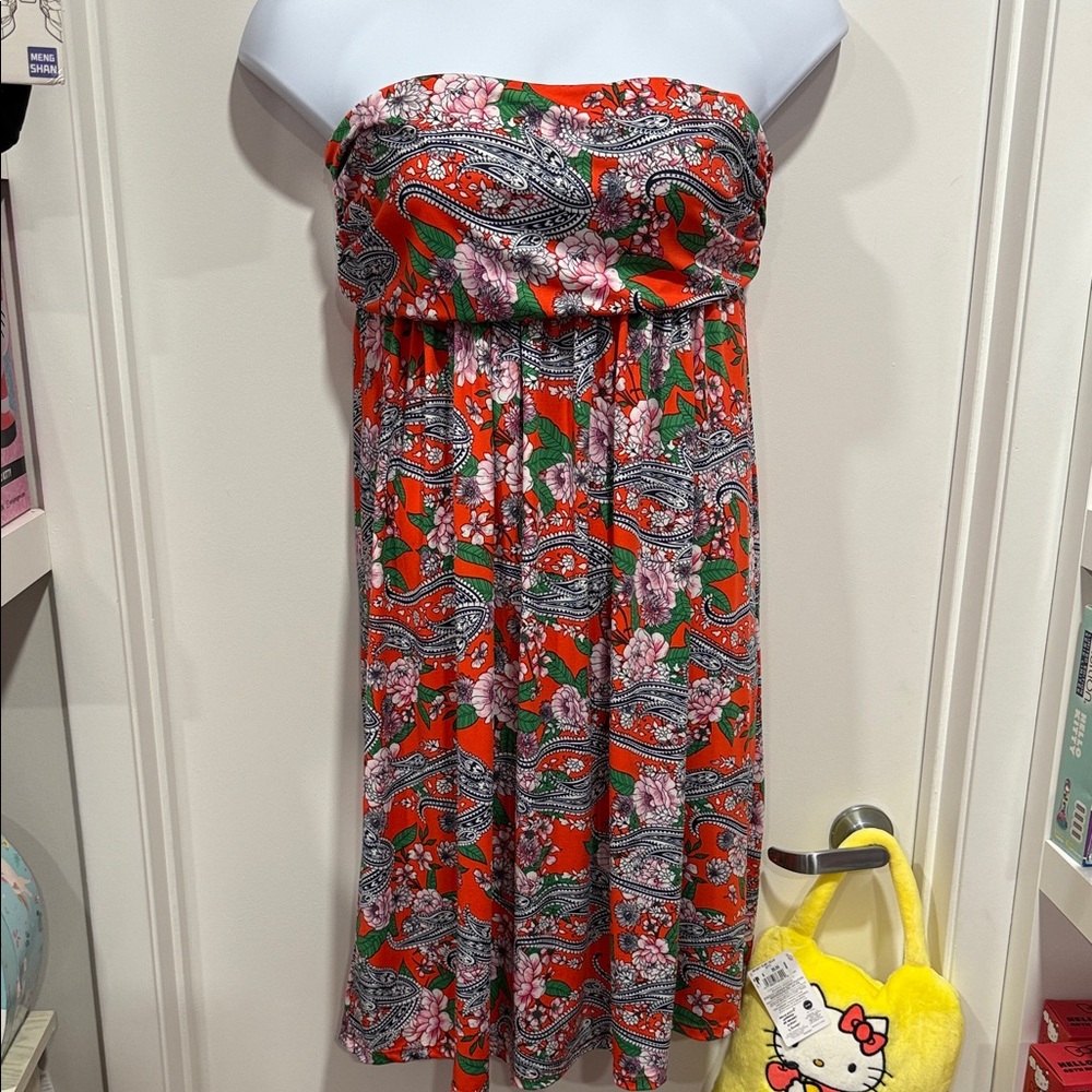 24/7 Comfort Apparel Strapless Paisley Dress - Red and Pink